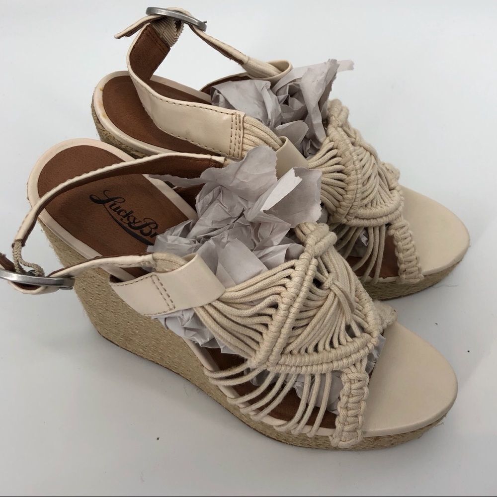 LUCKY BRAND Cream Espadrille Wedge Strappy Sandal‎